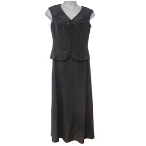Talbots Sz 12 Evening Maxi Dress Vest Bodice Beaded Embroidery Black Silk Formal